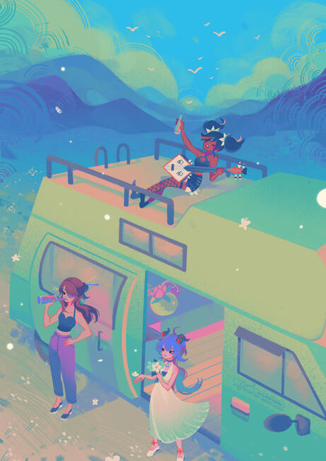 Genshin Impact Daybreak Vol.1 Zine! Wanted to draw the gals taking Ganyu on a road trip work leave :')