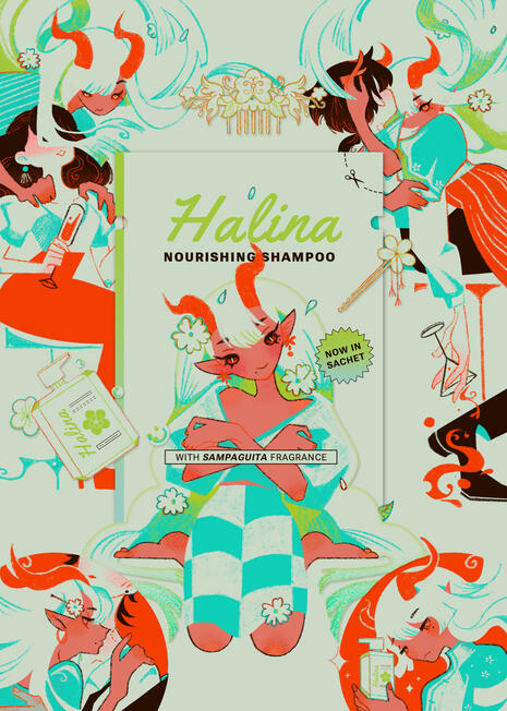 Bighani - one of my OCs and postcards made for Andy's Crimson Aura Art Book! The concept for this was my OC, Hani, modelling for a shampoo brand, "Halina" that has entrancing fragance &amp; now comes in Sachet pack.