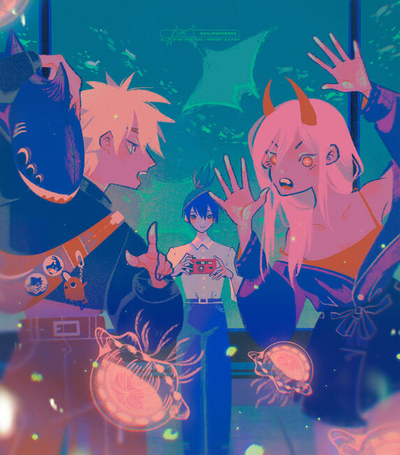 "I watch the moon, let it run my mood, can't stop thinking of you". Page illustration for Chainsaw Man - The Way Home Zine - where we explore the dynamics of Hayakawa through art and writing.