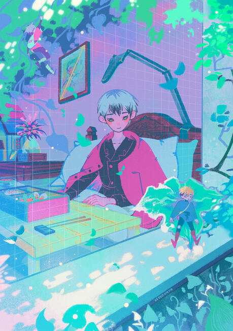 Page illustration for Haikyuu - Ghibli Zine. This is Kita Shinsuke with Miya twins reimagined as Ghibli characters, Sho &amp; Arrietty, from The Secret World of Arrietty!