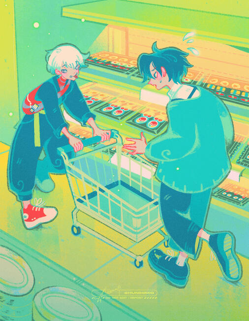 Page Illustration for Konbu: An Inumaki Toge Cookbook zine! I like the idea of Toge going on grocery-errands with close friends, like Yuta here :')