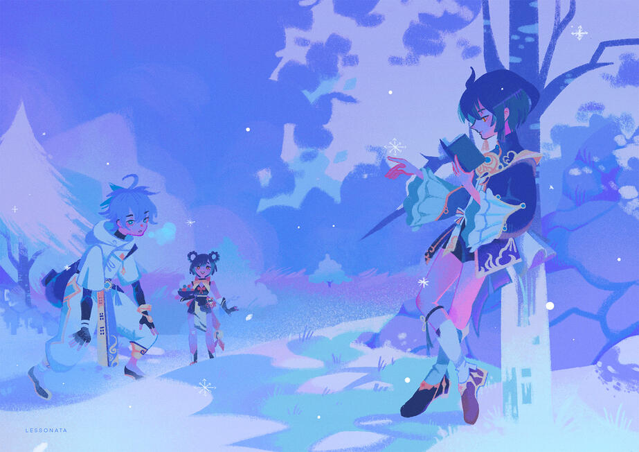 The trio that carried me throughout Dragon Spine! Spread illustration for Carpe Diem: A Genshin Impact Zine.