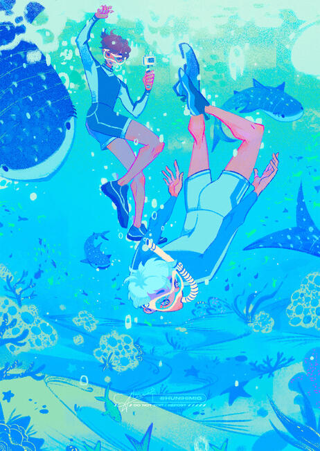 Hirugami Sachiro &amp; Hoshiumi Korai for Haikyuu SINAG zine - a filipino-themed zine featuring various characters from Haikyuu! Always wanted to swim with whale sharks, so it drove me to create this piece!