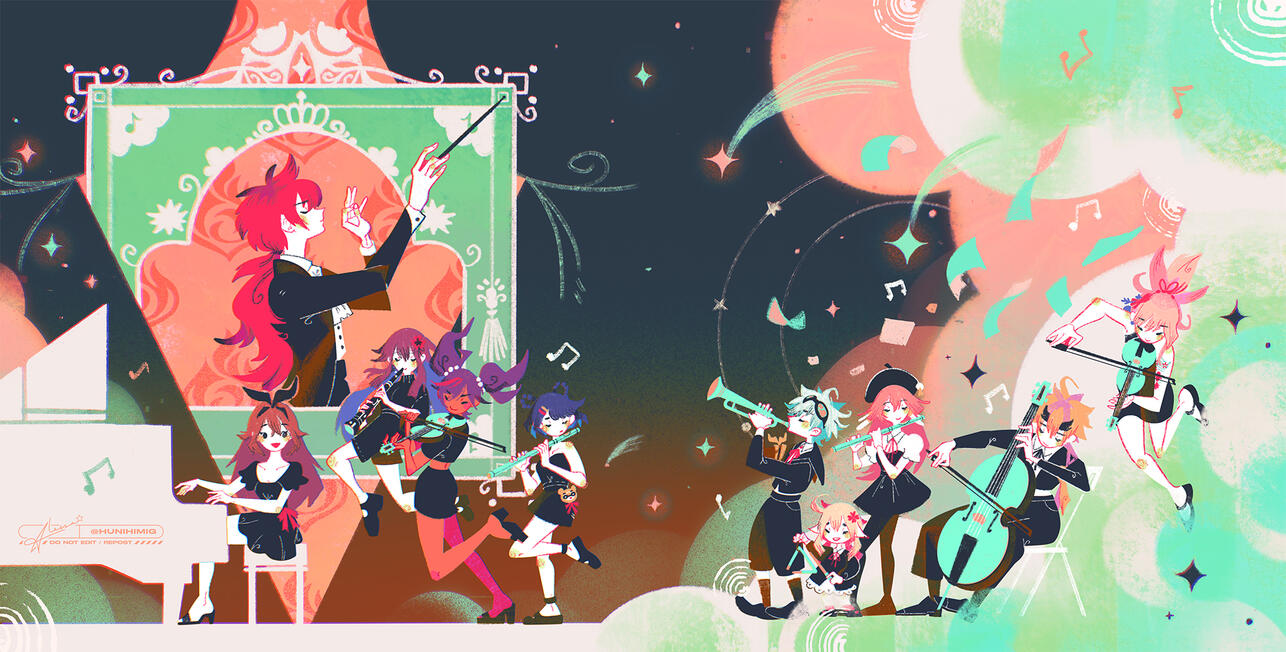 Pyro Chamber Orchestra! A spread illustration for Cheryl's Genshin Impact - Heartstrings art book where the theme was about music!